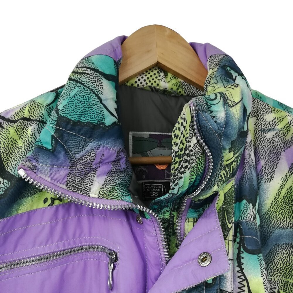 Vintage MDC Abstract Ski Jacket Size 12 Purple Pastel Bomber Color Block Winter - Picture 3 of 12